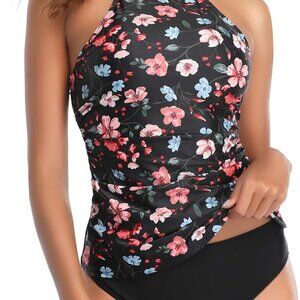Stylish Pink Floral Two-Piece Bathing Suit - High Neck with Tummy Control